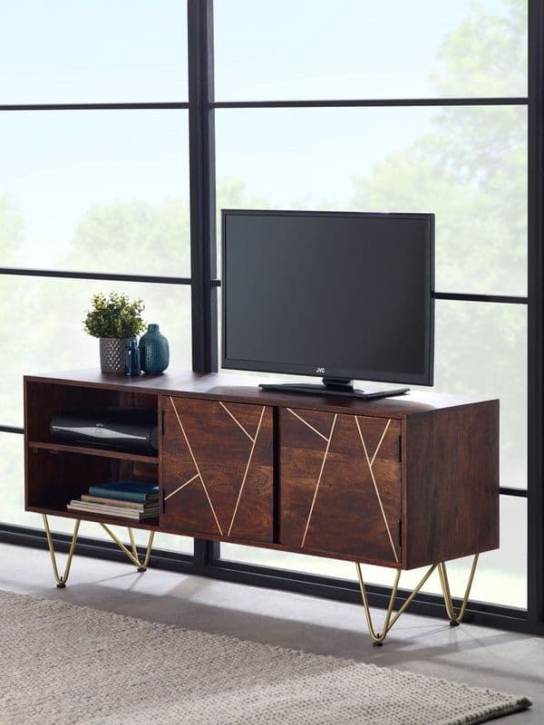 Brecon Dark Mango Wood Wide Screen TV Unit | Large wide TV unit with two door metal inlaid cupboard and and two open shelves.